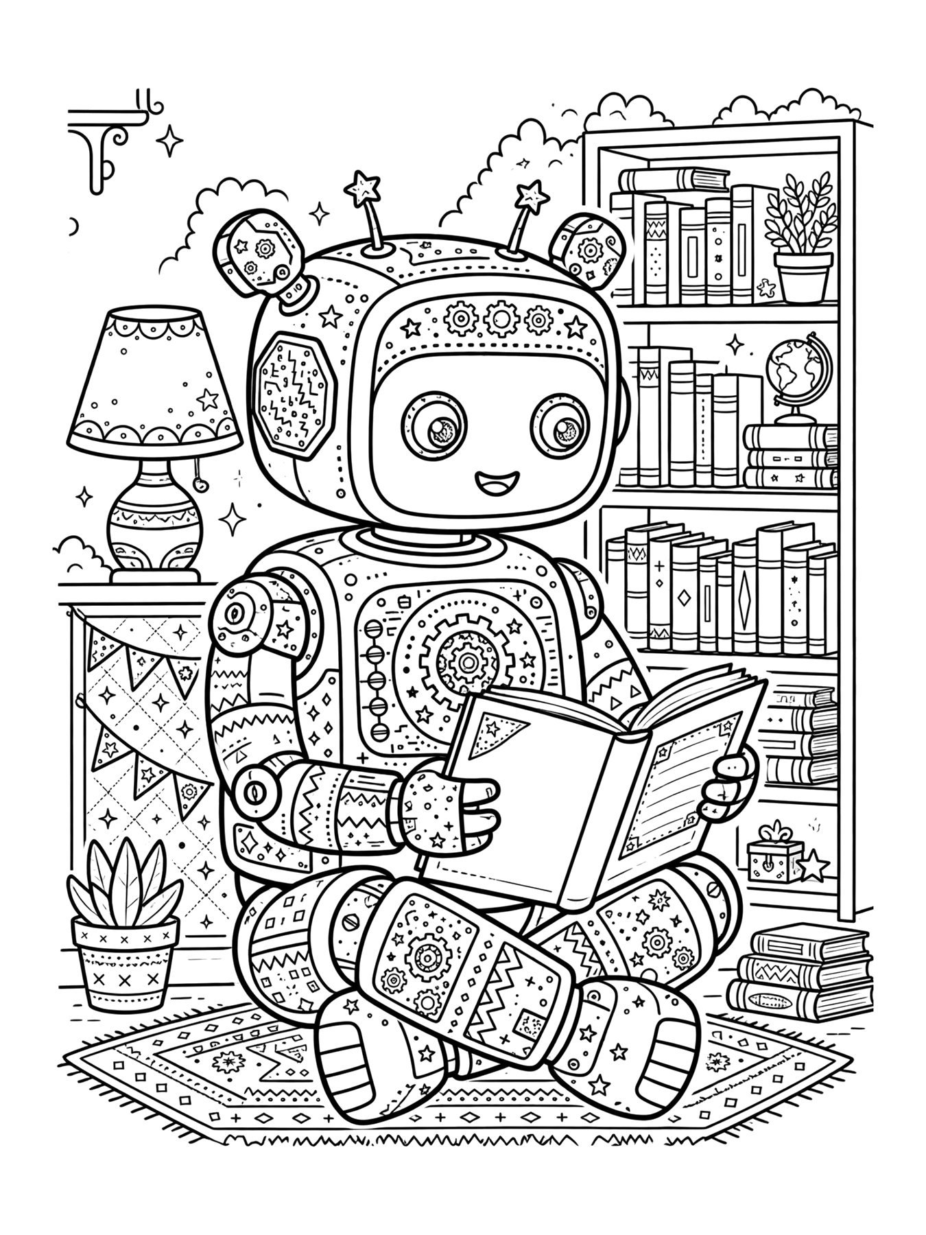 Desenho de robô lendo livro para colorir