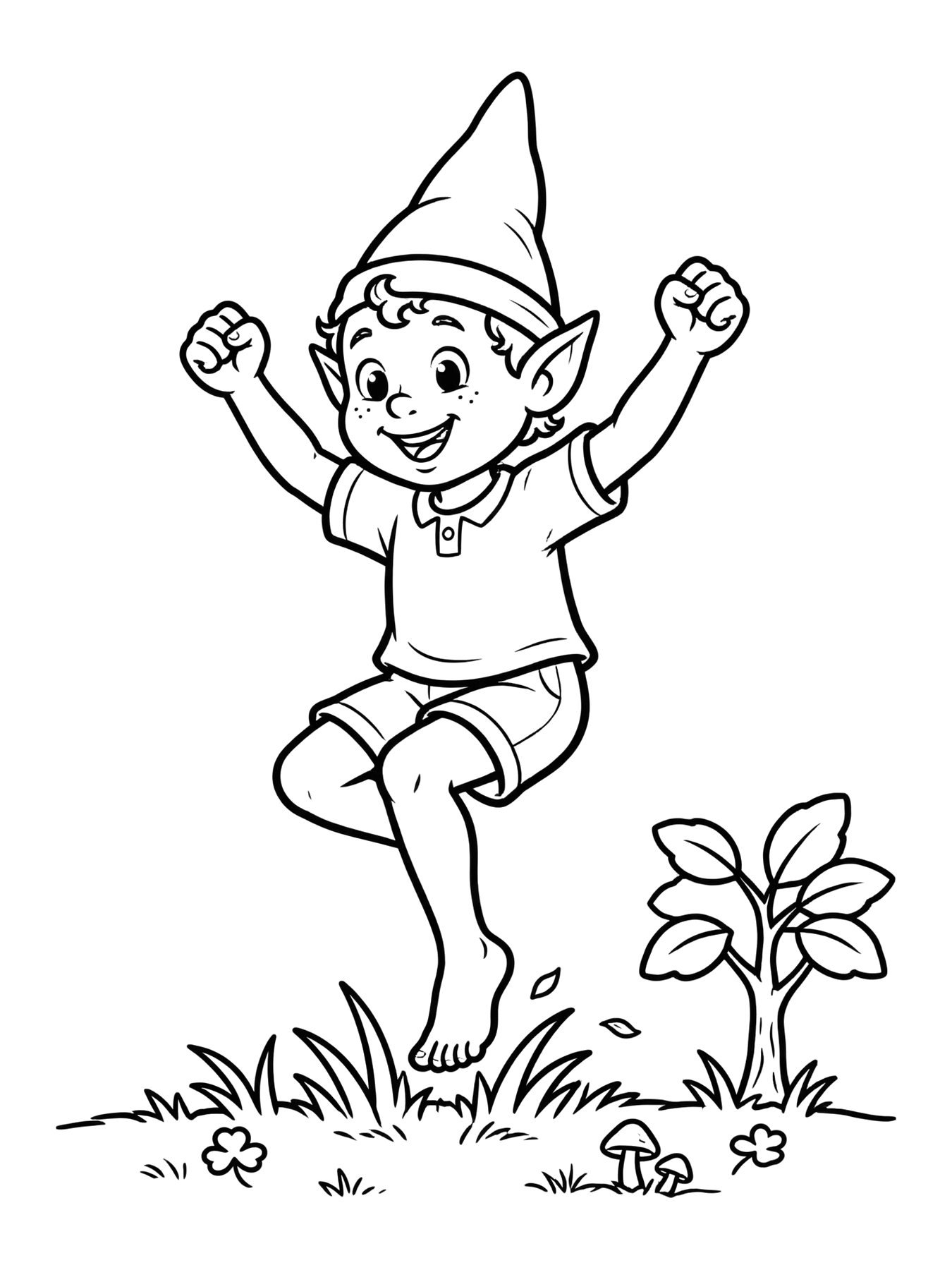 Desenho de saci Pererê pulando com gorro vermelho na floresta para colorir