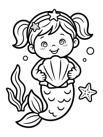 Desenho de sereia bebê com concha para colorir