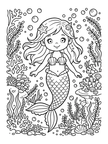 Desenho de sereia com bolhas e corais para colorir