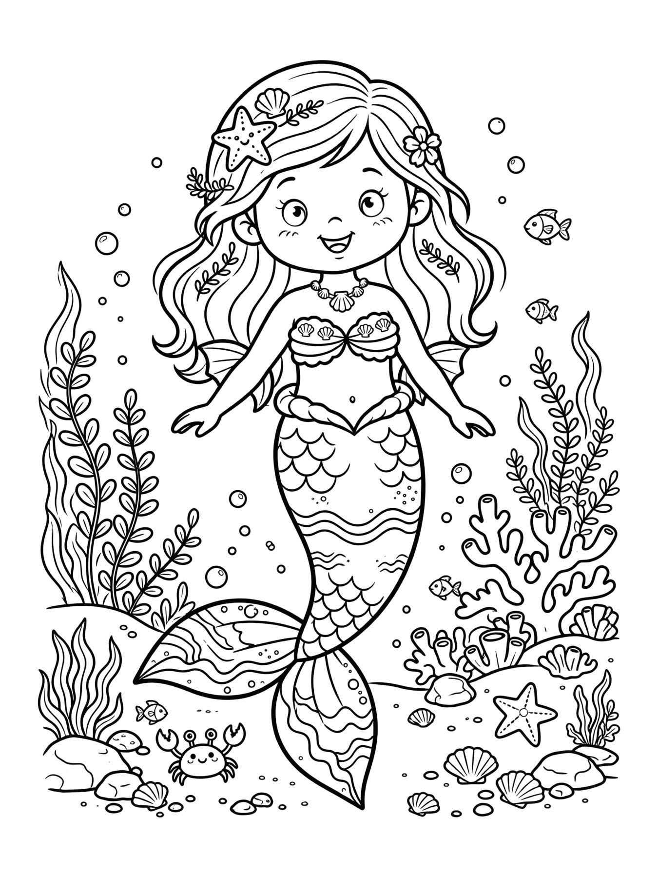 Desenho de sereia com cauda de padrões para colorir
