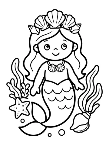Desenho de sereia com coroa de conchas para colorir