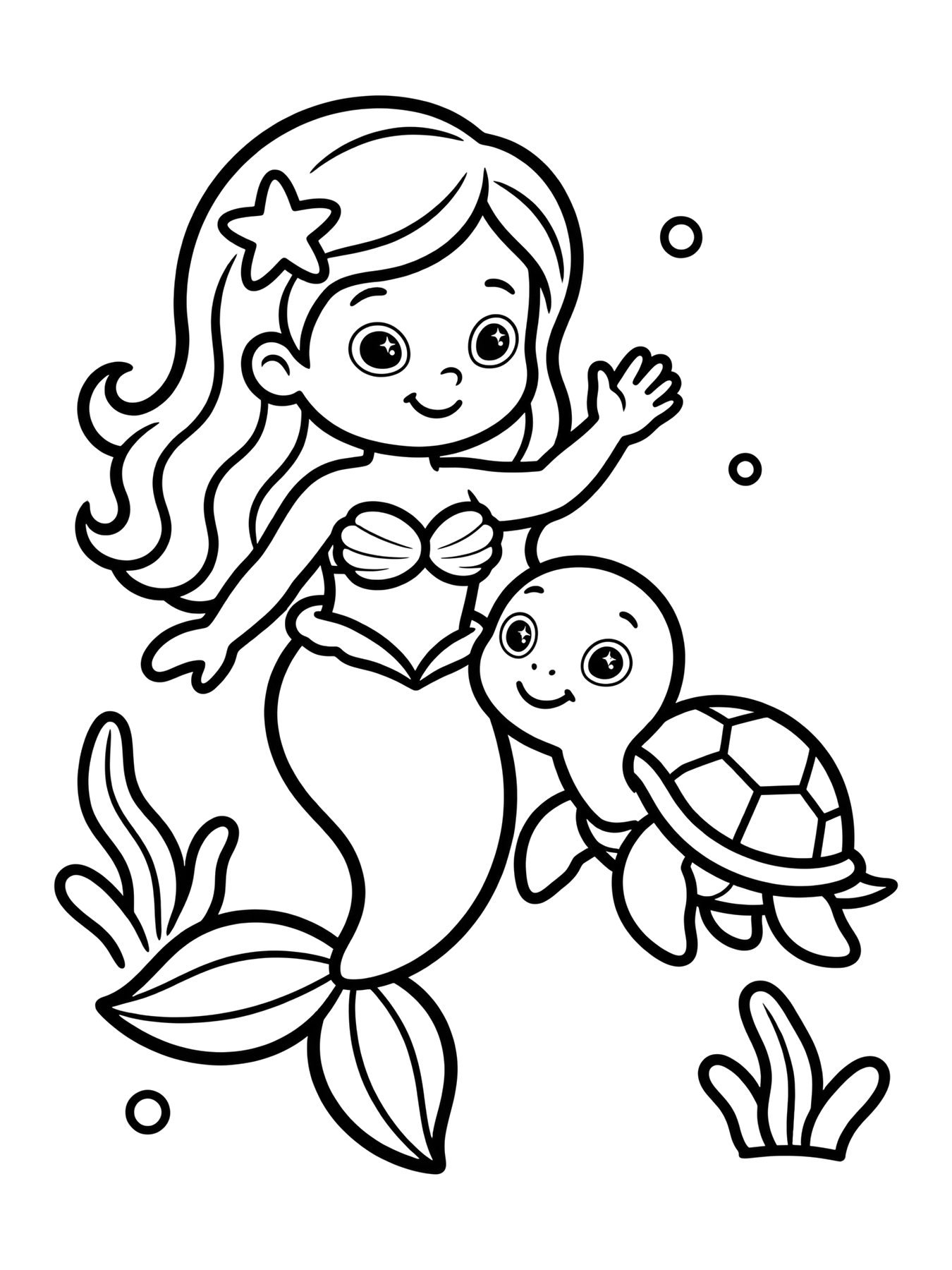Desenho de sereia com tartaruga para colorir