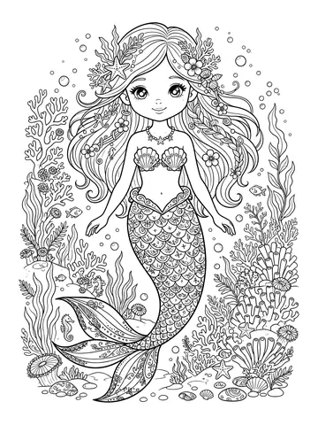 Desenho de sereia detalhada com escamas para colorir