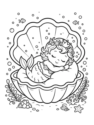 Desenho de sereia dormindo em uma concha para colorir