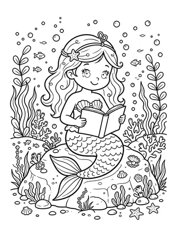 Desenho de sereia lendo um livro para colorir