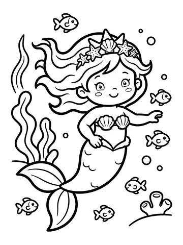 Desenho de sereia nadando com peixinhos para colorir