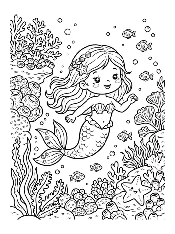 Desenho de sereia no recife de corais para colorir
