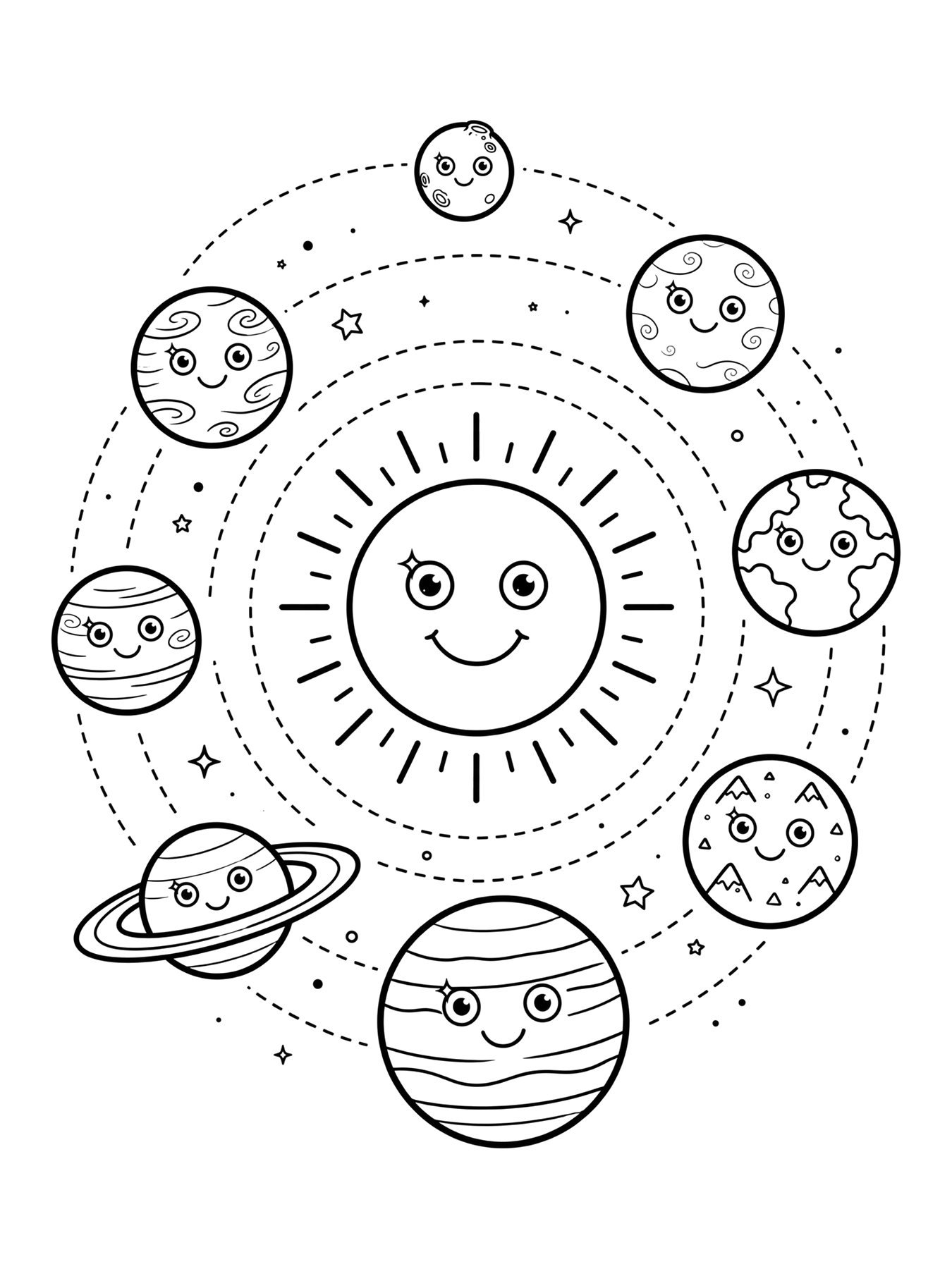 Desenho de sistema solar com o Sol e os oito planetas em órbita para colorir