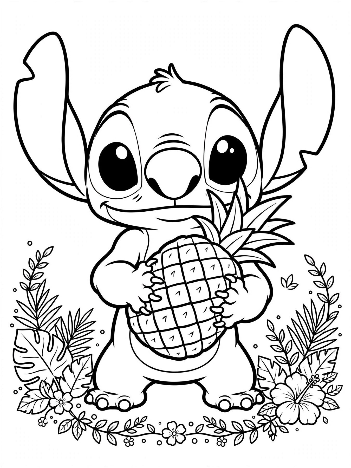 Desenho de Stitch com abacaxi para colorir