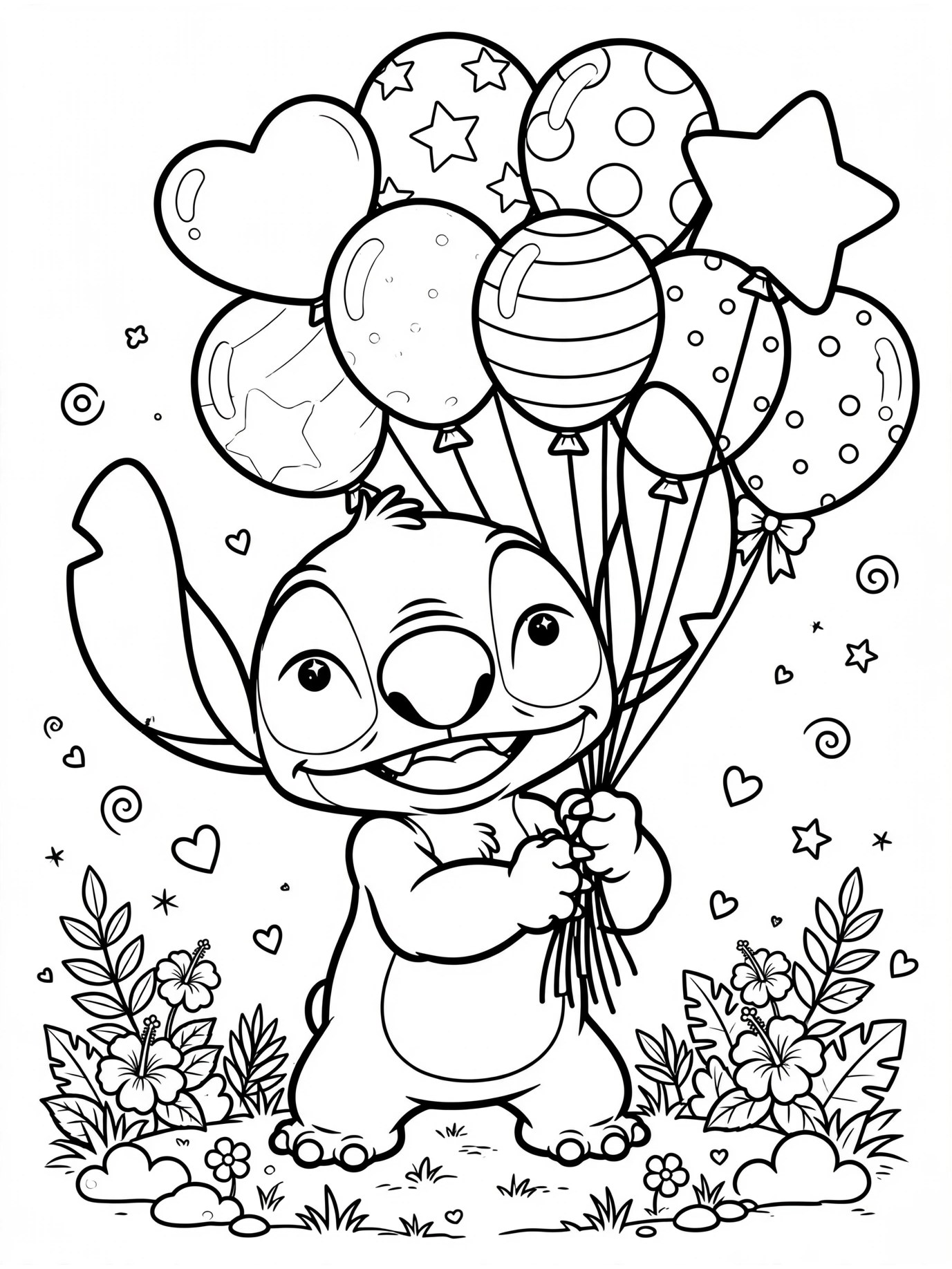 Desenho de Stitch com baloes para colorir