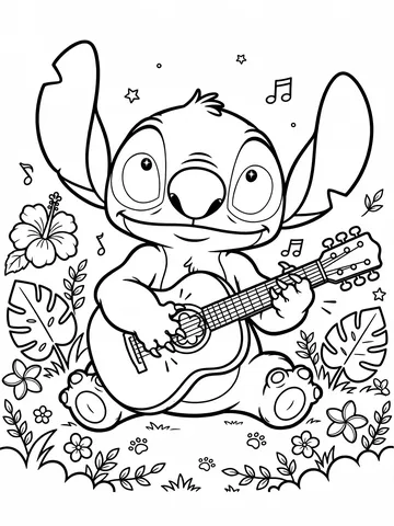 Desenho de Stitch com violao para colorir