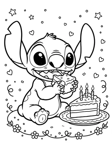 Desenho de Stitch comendo bolo para colorir