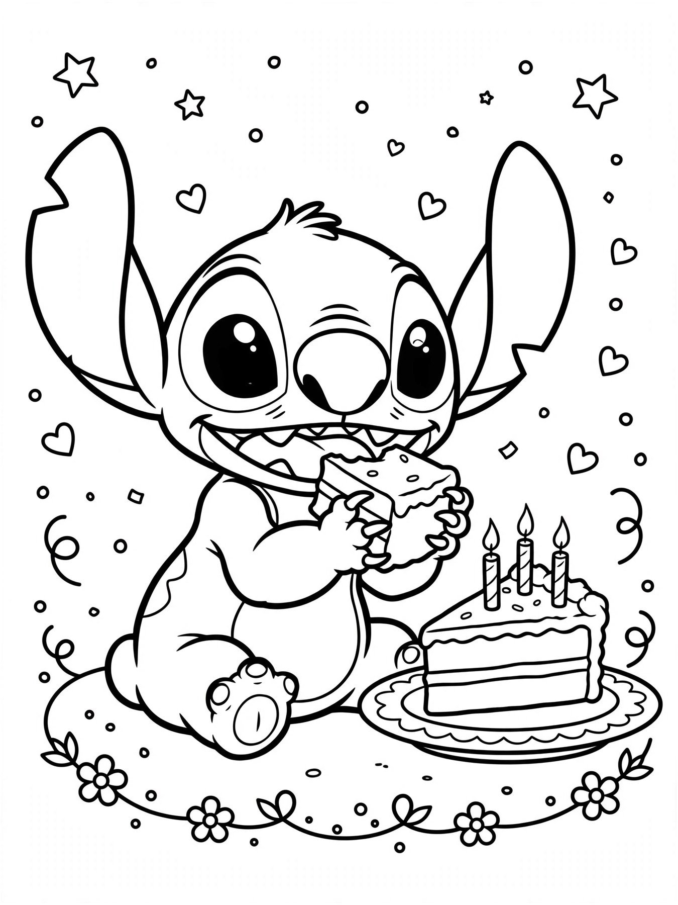 Desenho de Stitch comendo bolo para colorir
