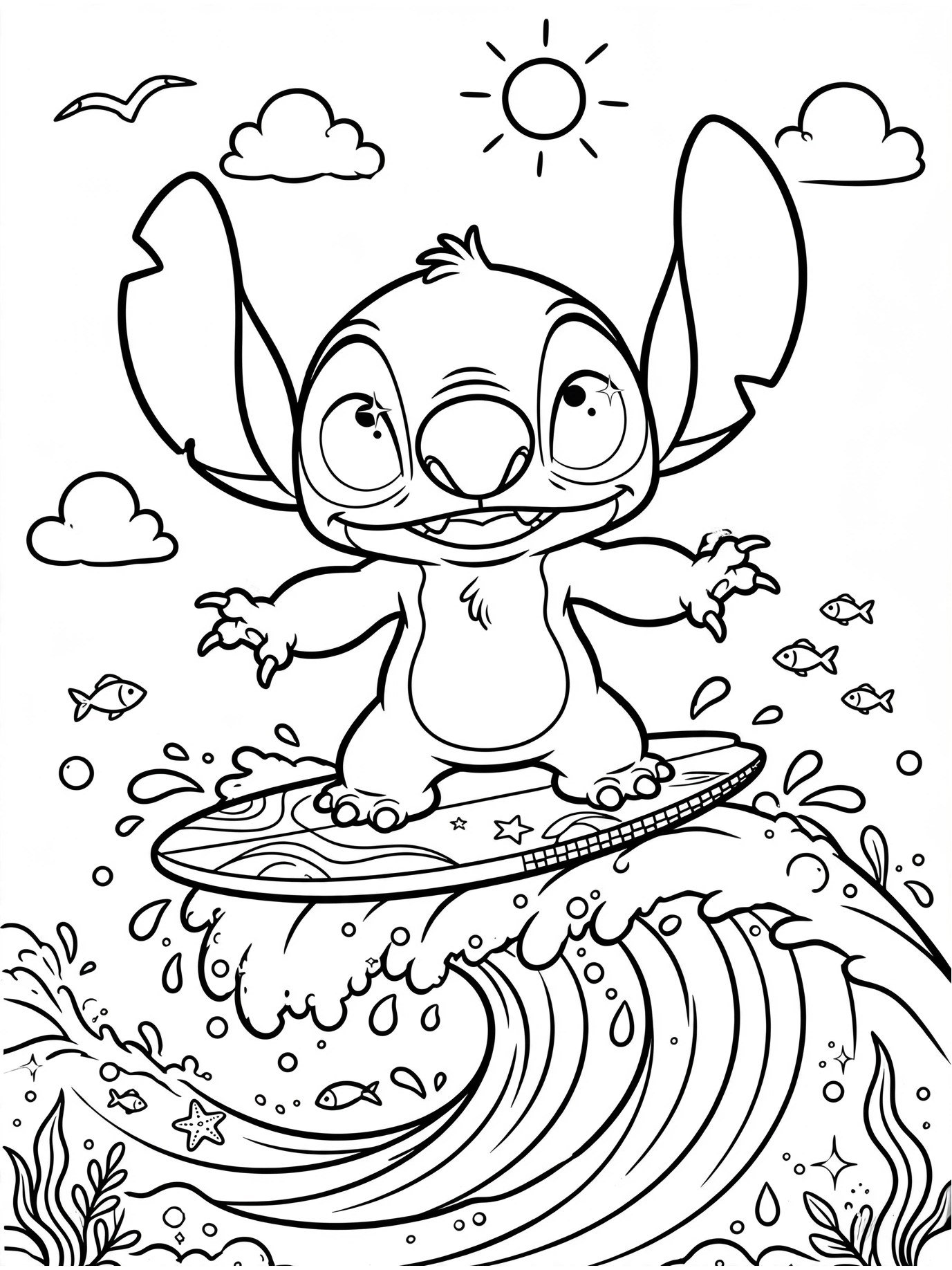 Desenho de Stitch surfando para colorir