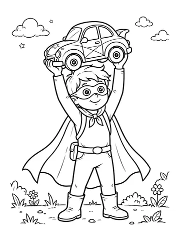 Desenho de super-herói original levantando um carro de brinquedo para colorir