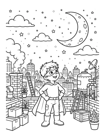 Desenho de super-herói original no telhado olhando a lua para colorir