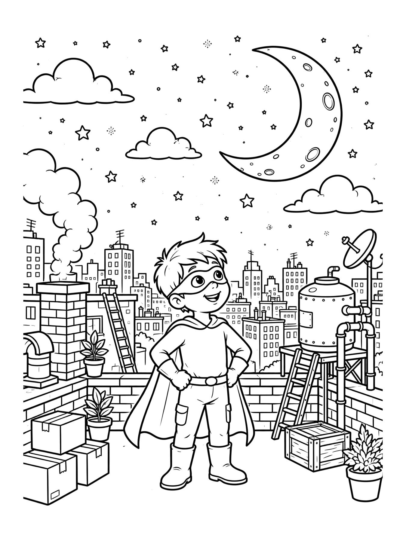 Desenho de super-herói original no telhado olhando a lua para colorir