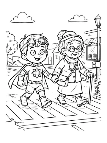 Desenho de super Zé ajudando uma senhora a atravessar a rua para colorir