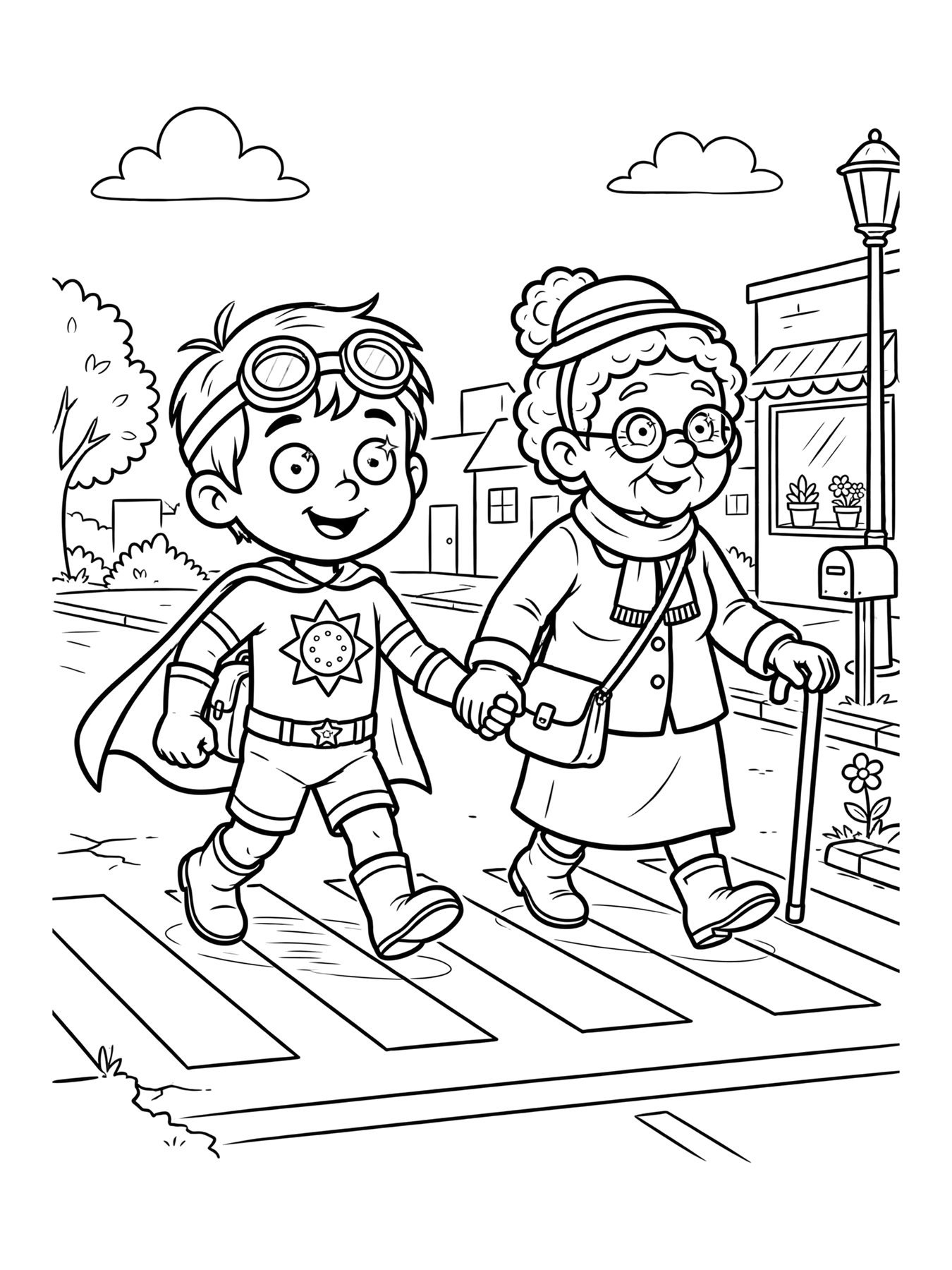 Desenho de super Zé ajudando uma senhora a atravessar a rua para colorir