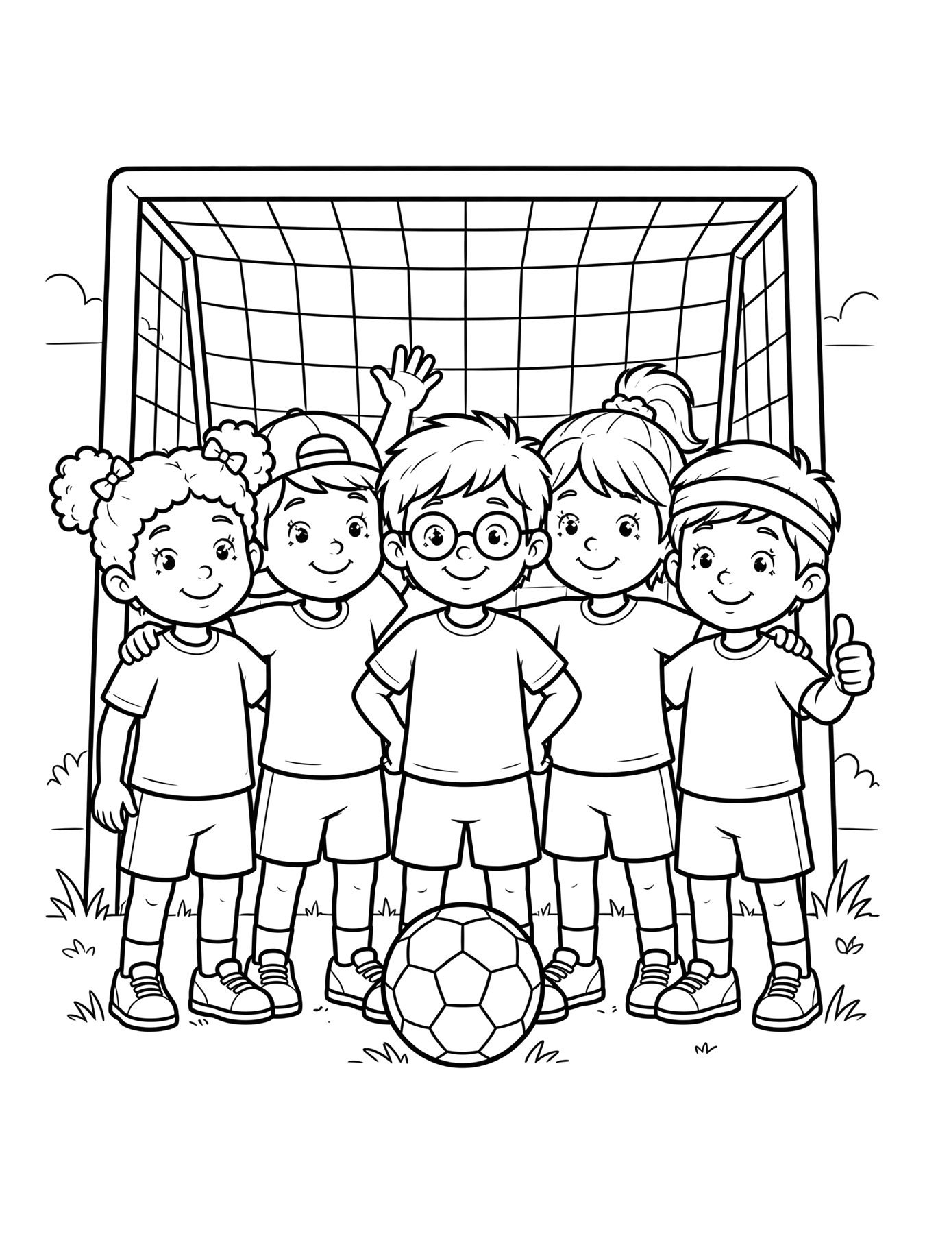 Desenho de time de crianças posando para foto para colorir
