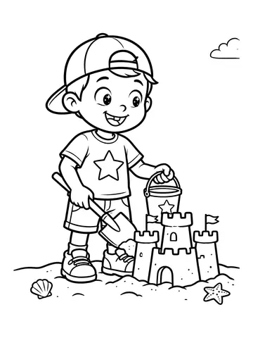 Desenho de tito construindo um castelo de areia na praia para colorir