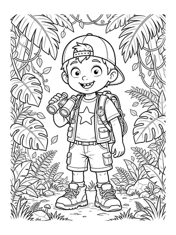 Desenho de tito de explorador com binóculo na selva para colorir