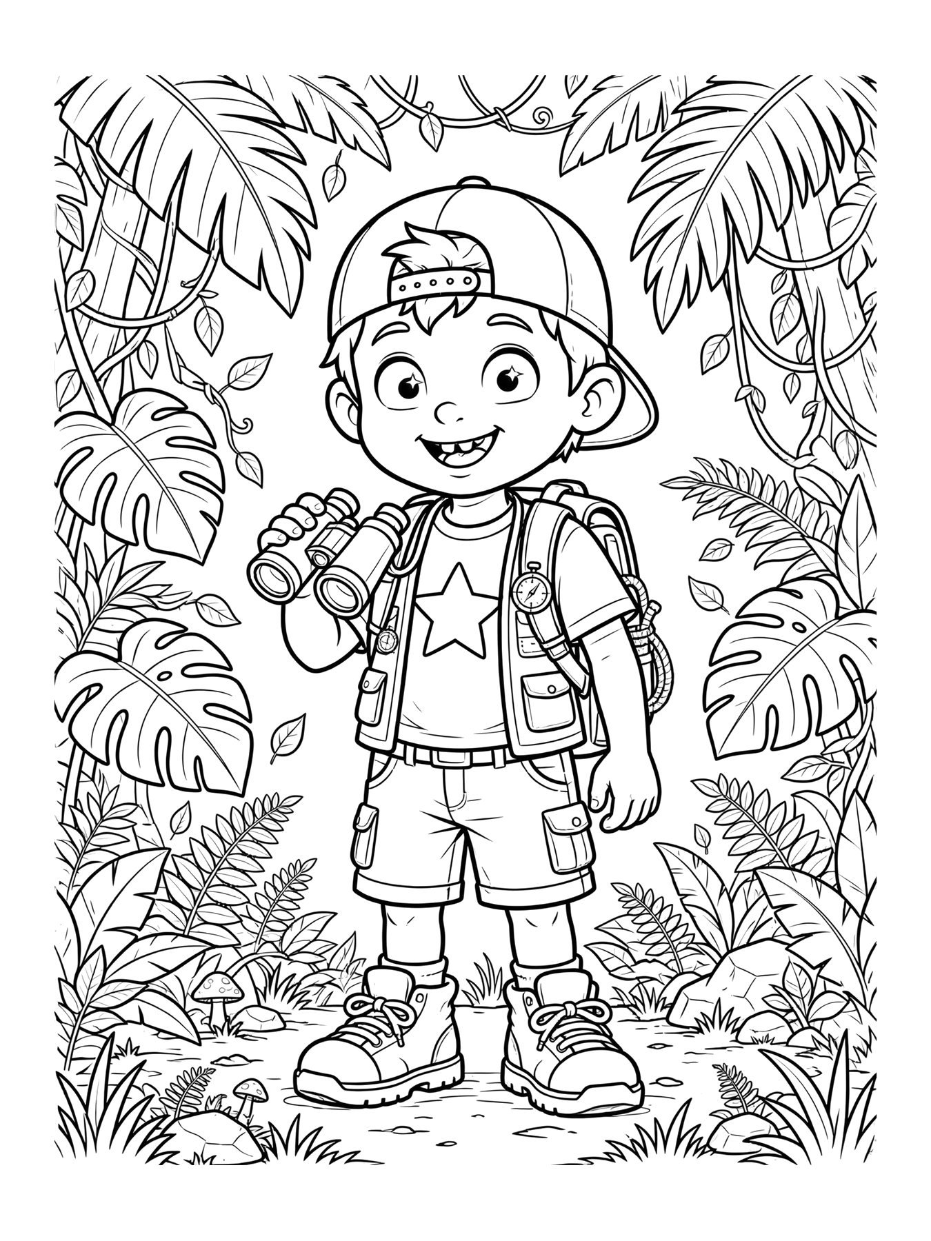 Desenho de tito de explorador com binóculo na selva para colorir