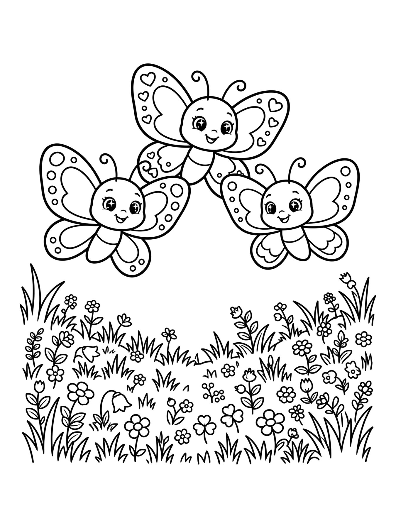 Desenho de três borboletas voando para colorir
