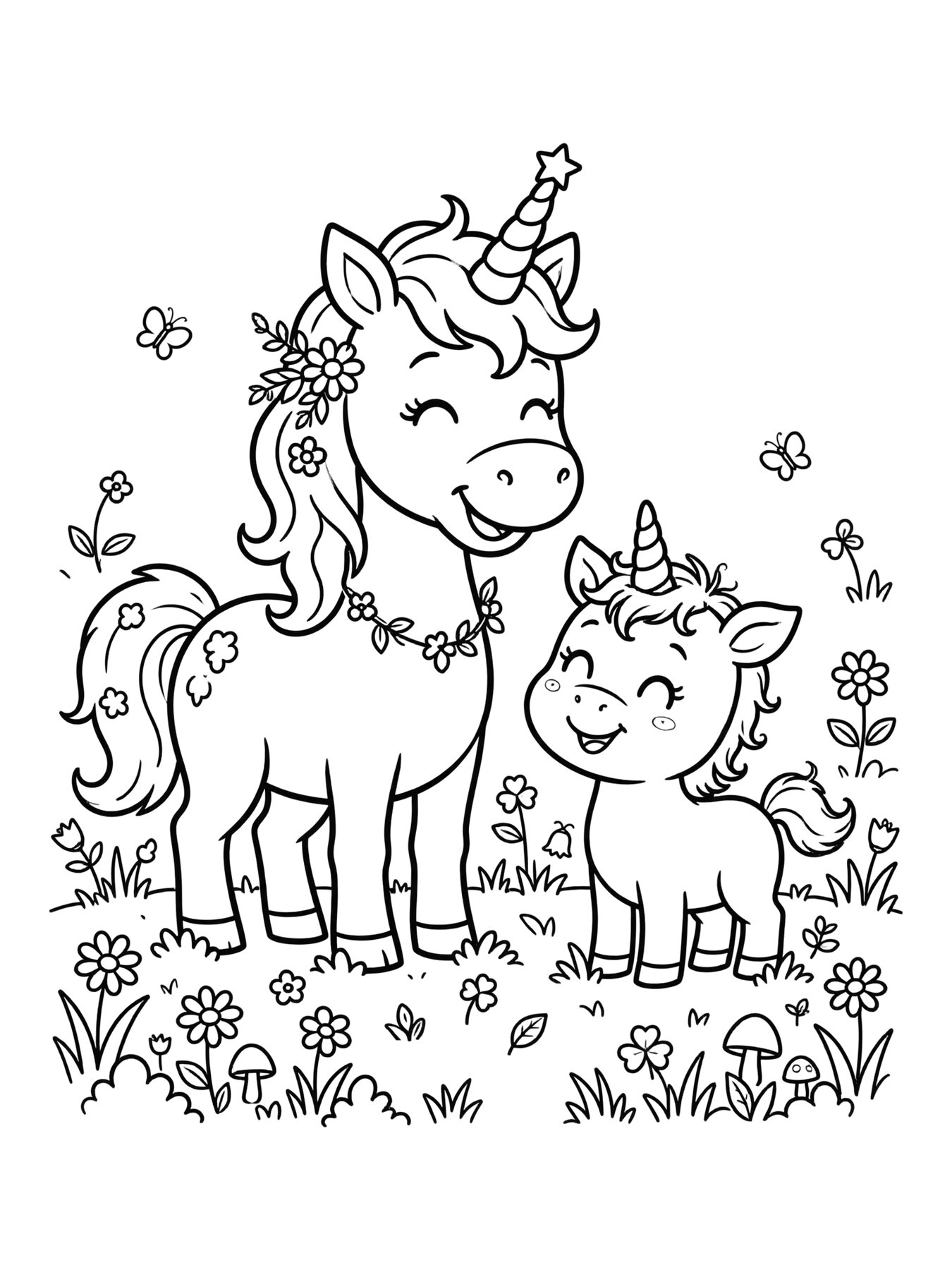 Desenho de unicórnio bebê com mamãe para colorir