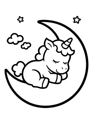 Desenho de unicórnio bebê dormindo na lua para colorir