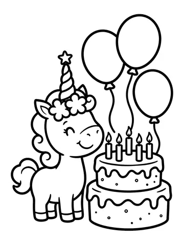 Desenho de unicórnio com bolo de aniversário para colorir
