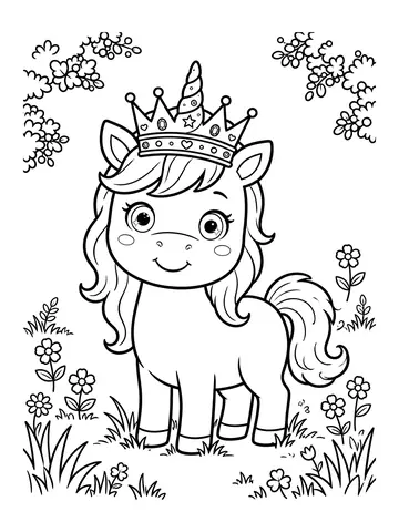 Desenho de unicórnio com coroa de princesa para colorir