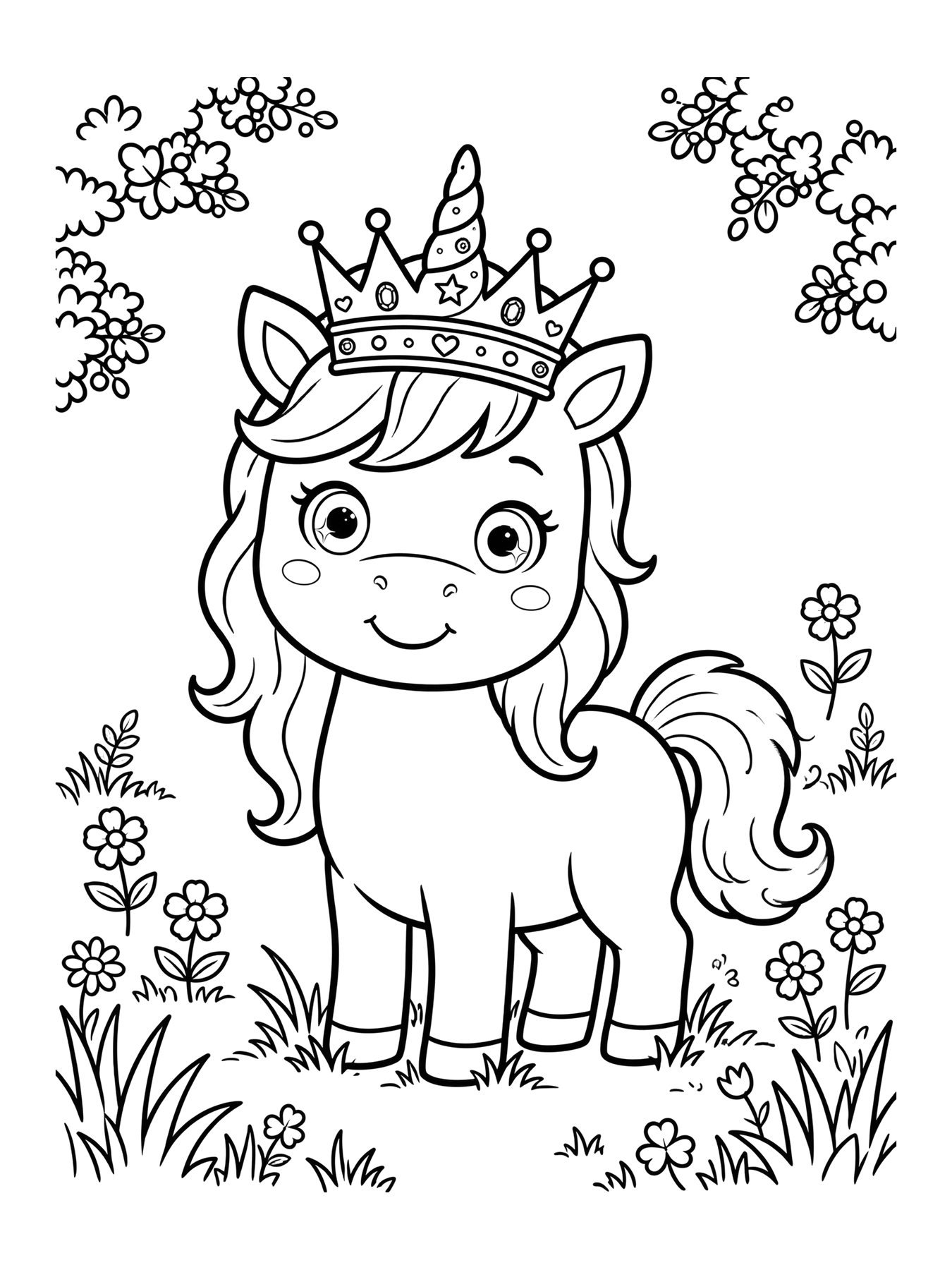Desenho de unicórnio com coroa de princesa para colorir