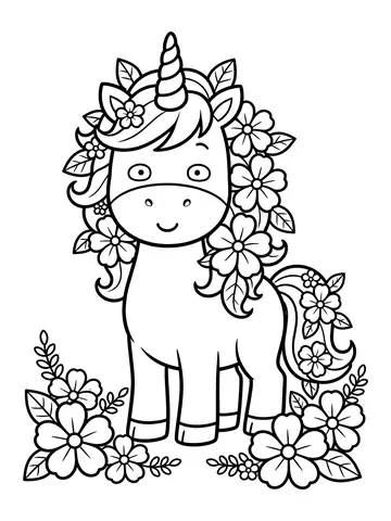Desenho de unicórnio com crina florida para colorir