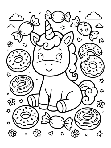 Desenho de unicórnio com donuts e doces para colorir