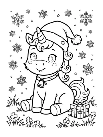Desenho de unicórnio de Natal com gorro para colorir