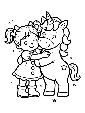 Desenho de unicórnio e menina abracados para colorir