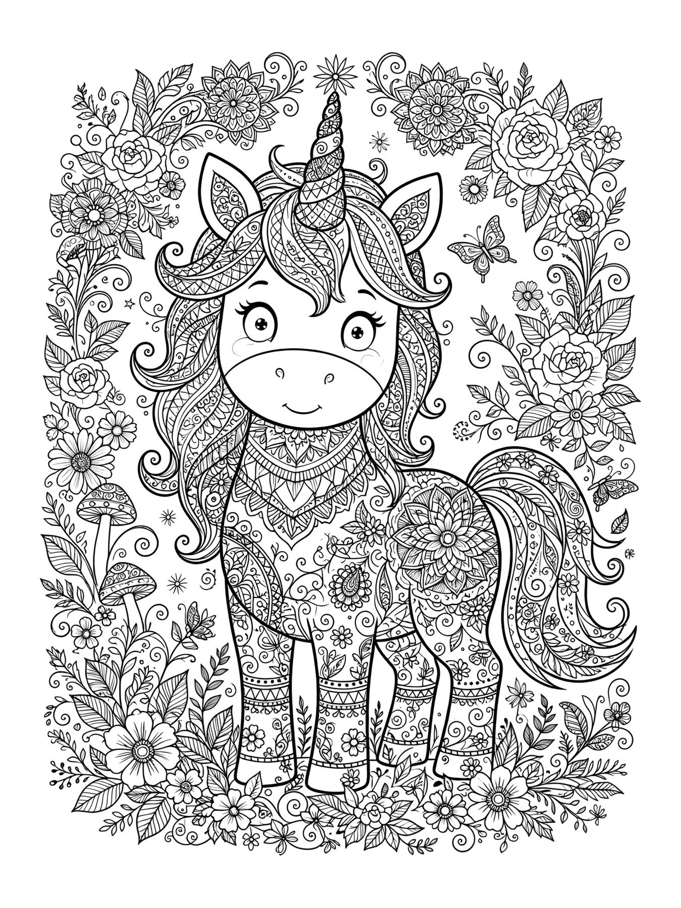 Desenho de unicórnio em padrao detalhado zentangle para colorir