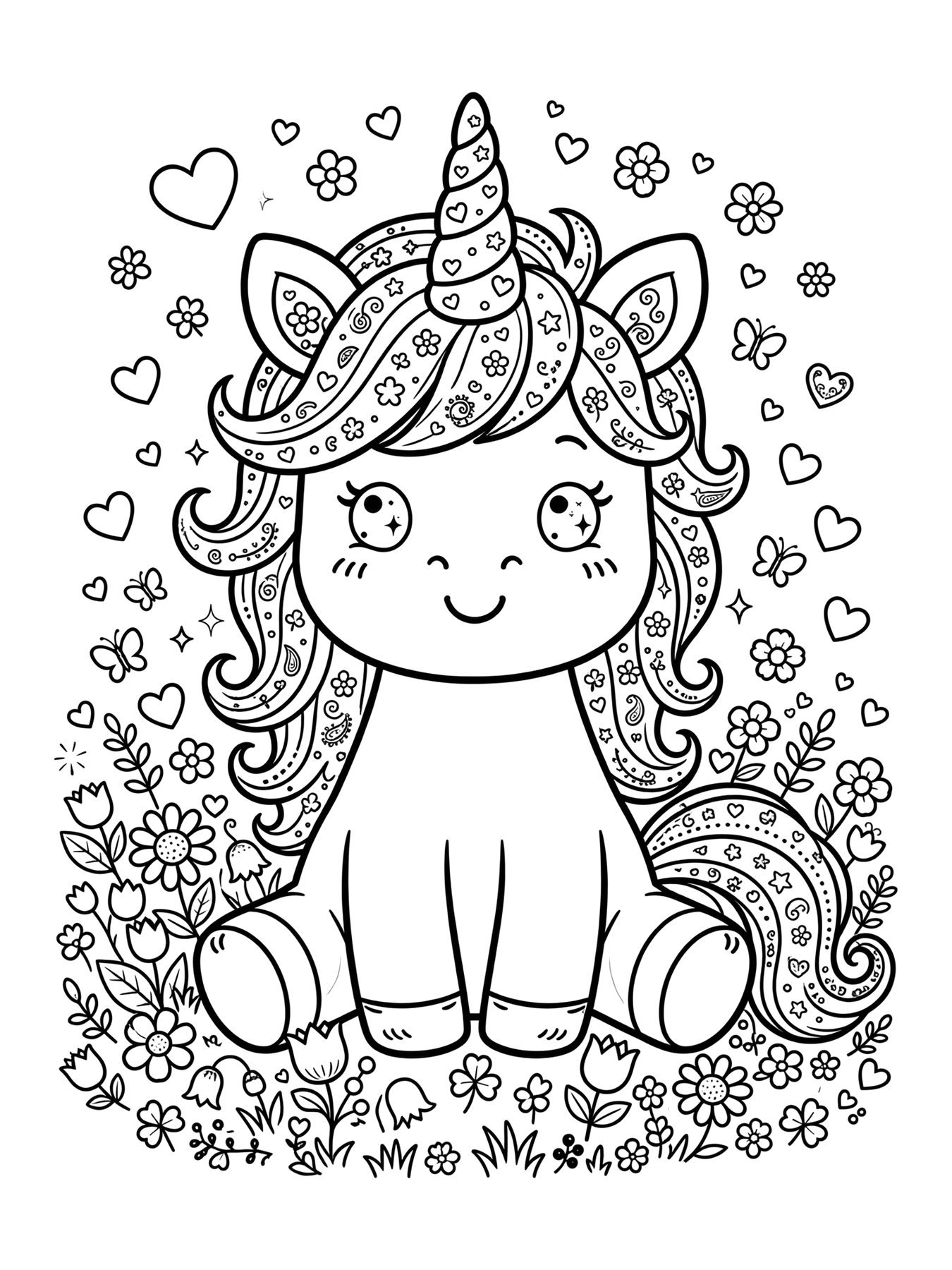 Desenho de unicórnio kawaii sorrindo para colorir