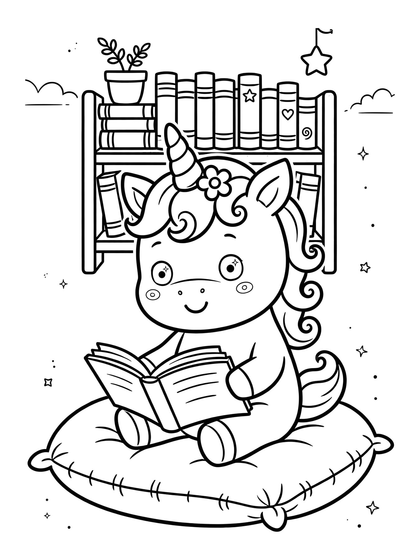 Desenho de unicórnio lendo livro para colorir