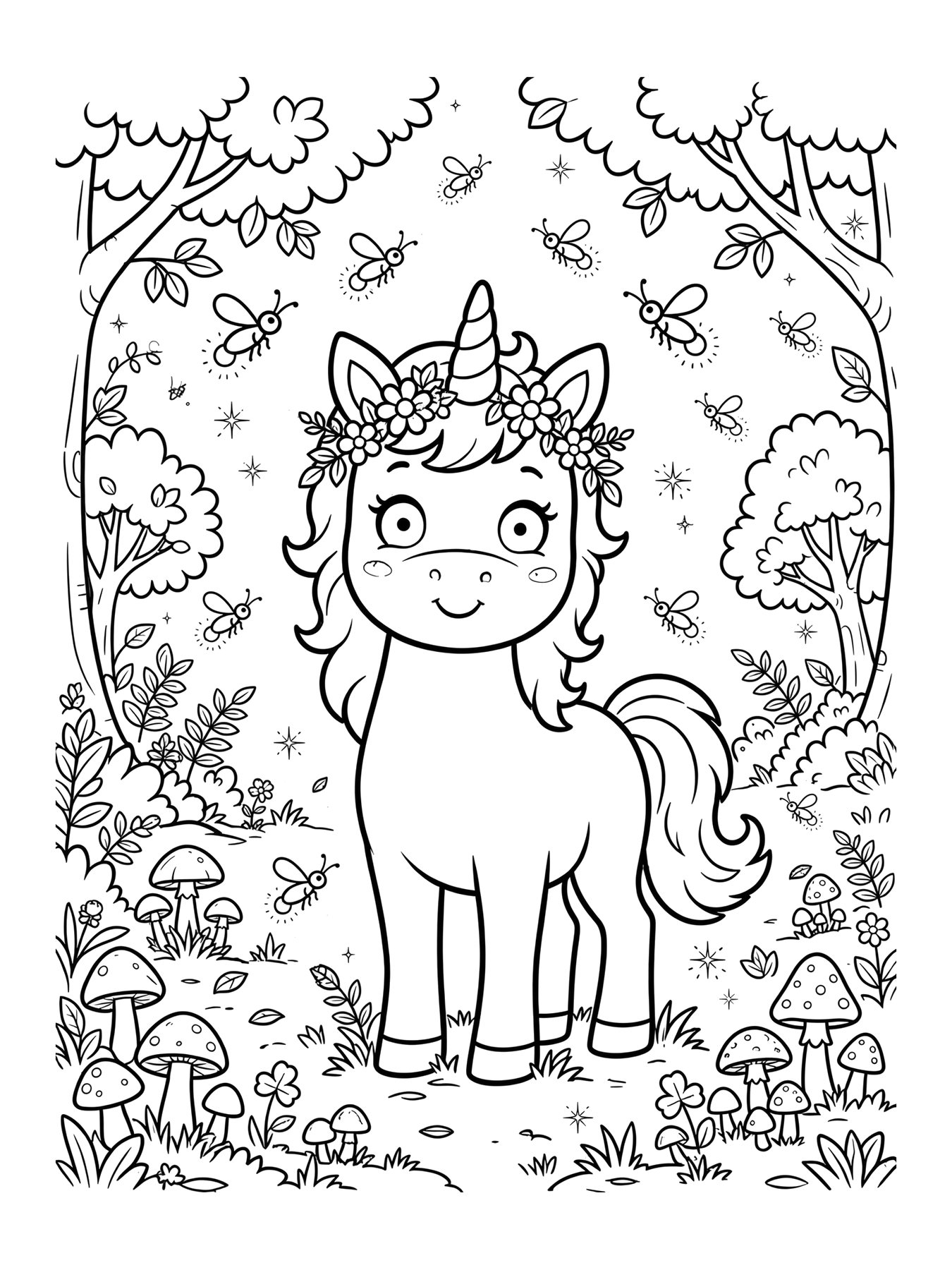 Desenho de unicórnio na floresta encantada para colorir