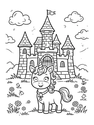 Desenho de unicórnio no castelo para colorir