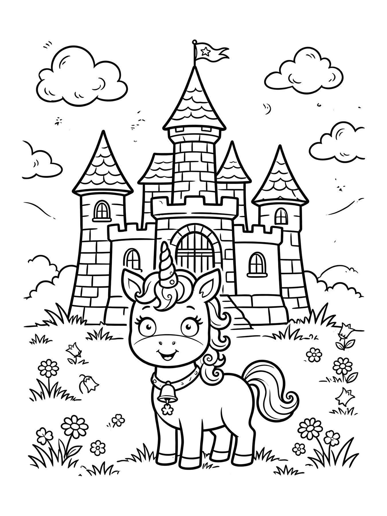Desenho de unicórnio no castelo para colorir