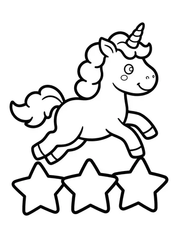 Desenho de unicórnio pulando sobre estrelas para colorir