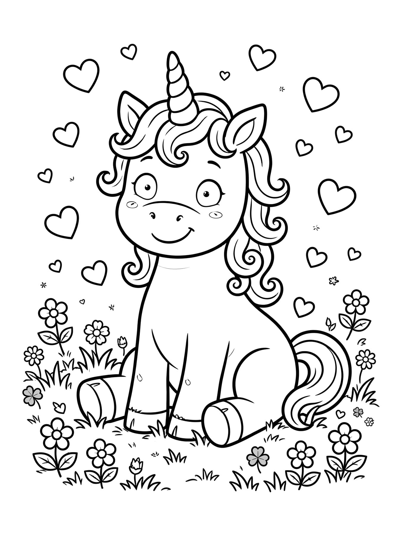 Desenho de unicórnio sentado com corações para colorir