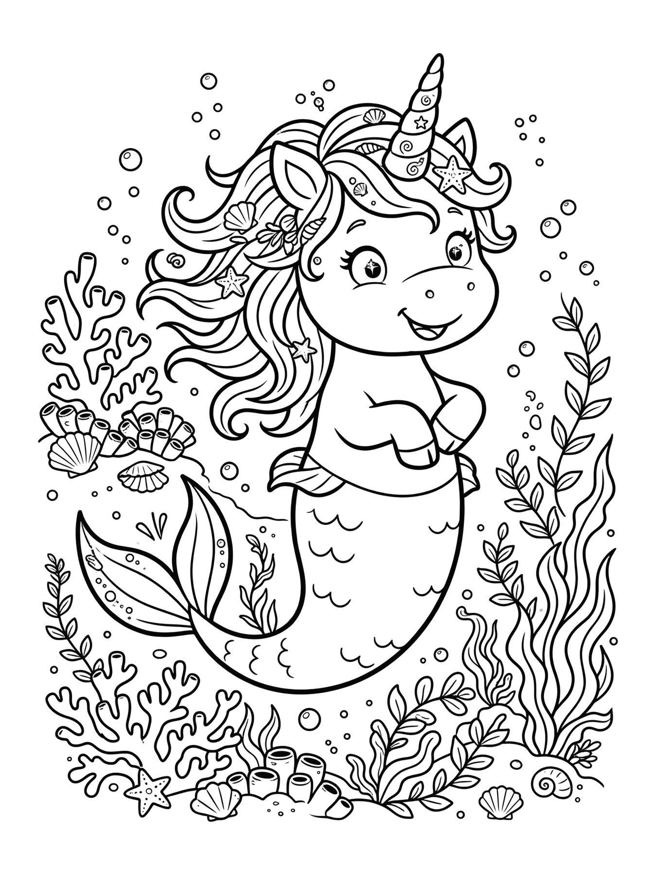 Desenho de unicórnio sereia para colorir