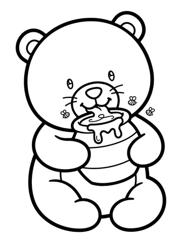 Desenho de urso comendo mel no pote para colorir