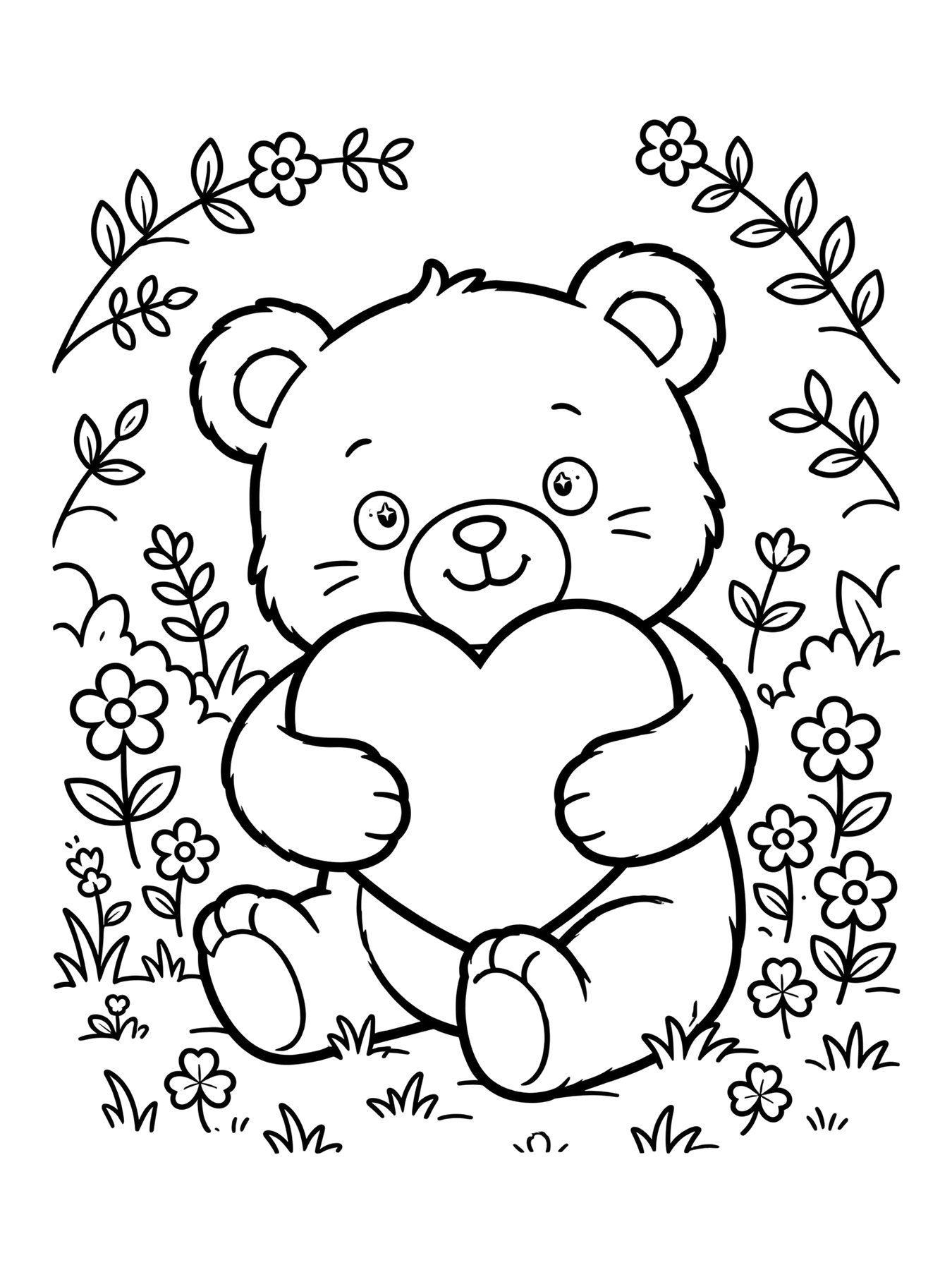 Desenho de urso fofo com coração para colorir
