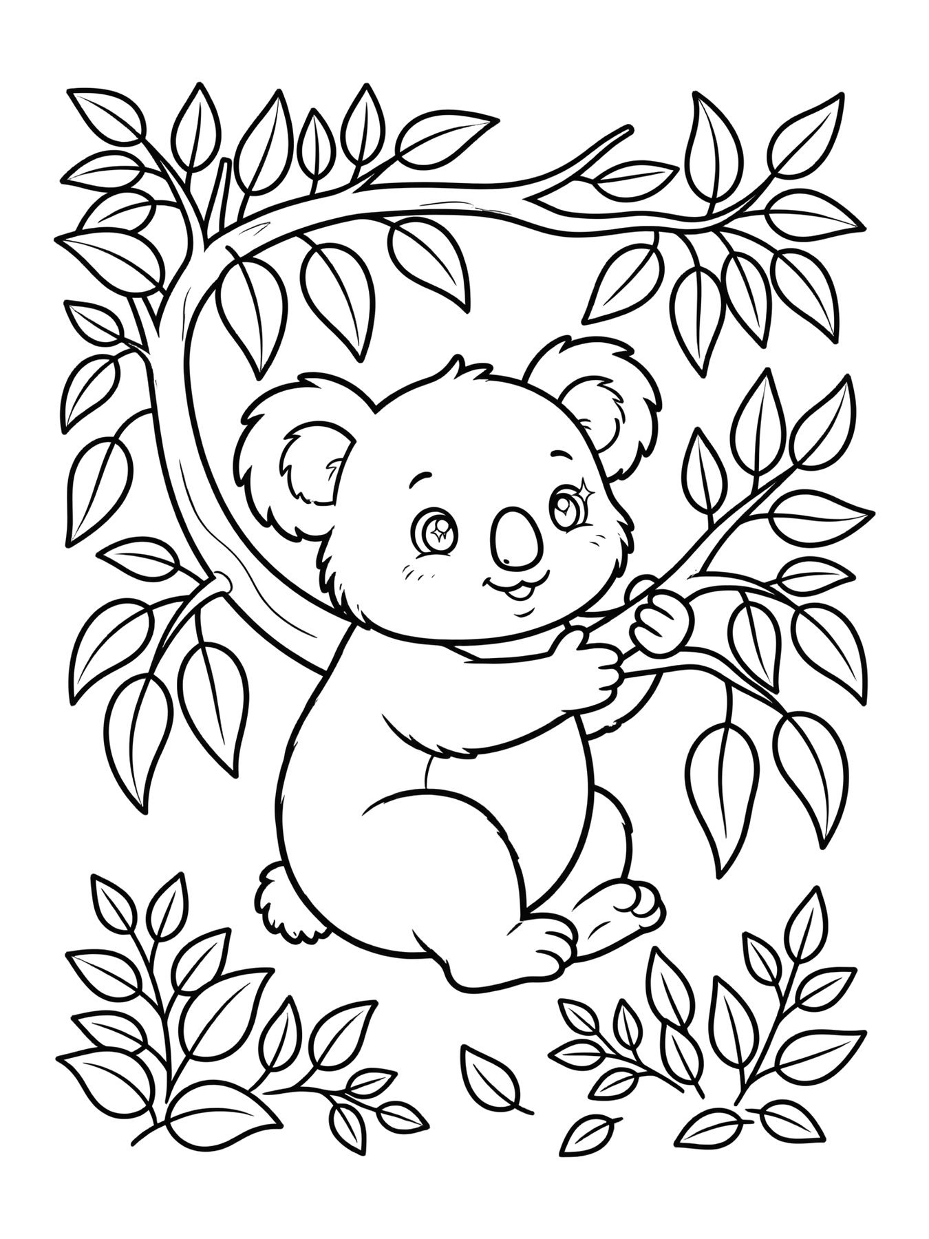 Desenho de urso koala na árvore para colorir